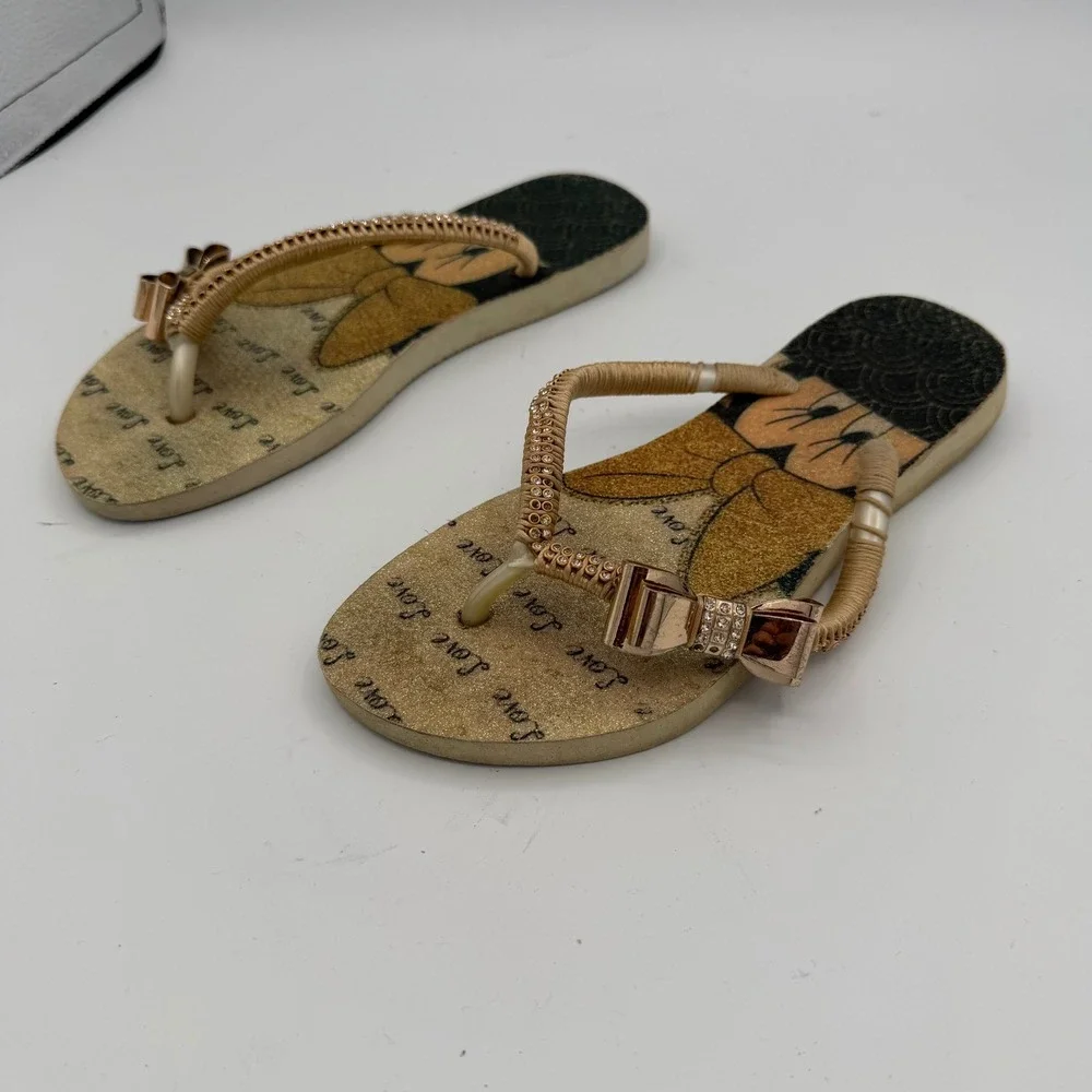 Disney Flip Flops Women Size 37/8 Good Gold Minnie Mouse Rhinestone Bow Sandals